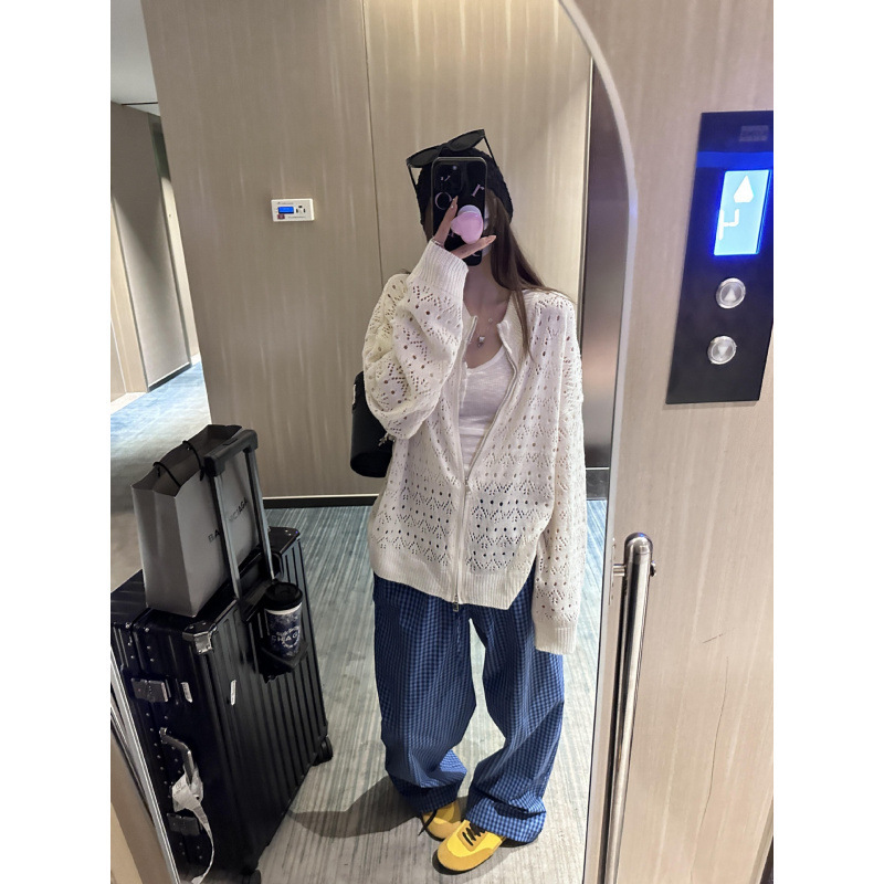 YS早秋设计感镂空钩花双拉链罩衫外套宽松显瘦白色针织开衫上衣女|undefined