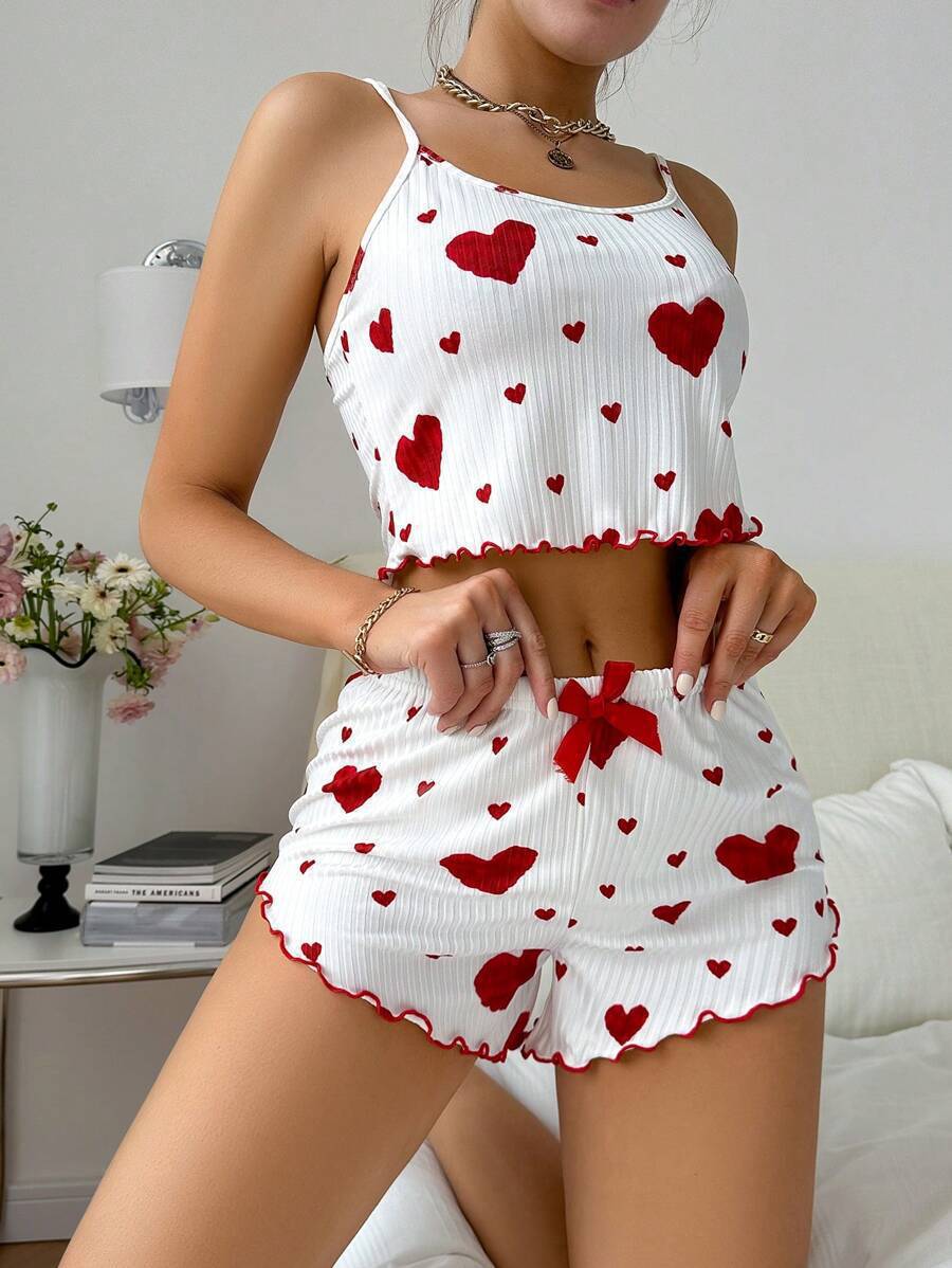 Strap Neckline Home Women's Sweet Heart Shape Polyester Shorts Sets Pajama Sets