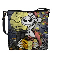 外贸独立站热卖圣诞夜惊魂印花单肩斜跨拉链水桶包大容量一件起订