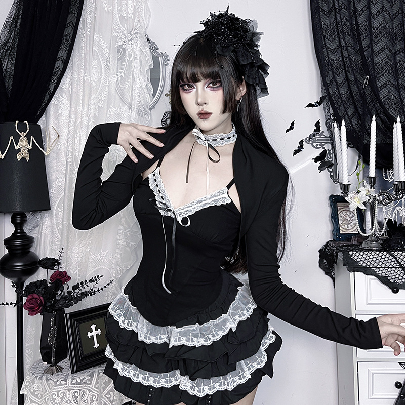 Cf25301 Dark Subculture Lace Halter Neck Two-Piece Top Cardigan Tie-Up Spicy Girl Slim Fit Gothic Shirt Cf25301 Dark Subculture Lace Halter Neck Two-Piece Top Cardigan Tie-Up Spicy Girl Slim Fit Gothic Shirt