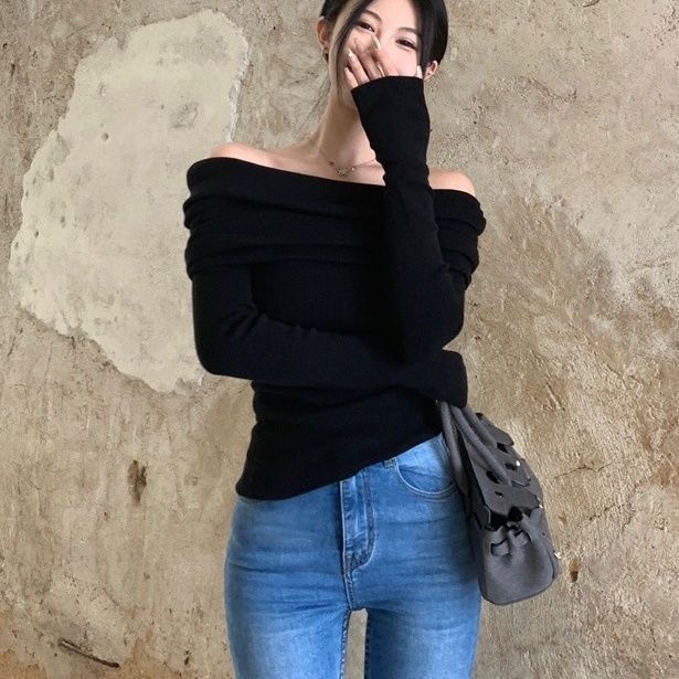 纯欲小心ji一字肩针织打底衫女秋冬季加厚毛衣设计感长袖别致上衣|undefined