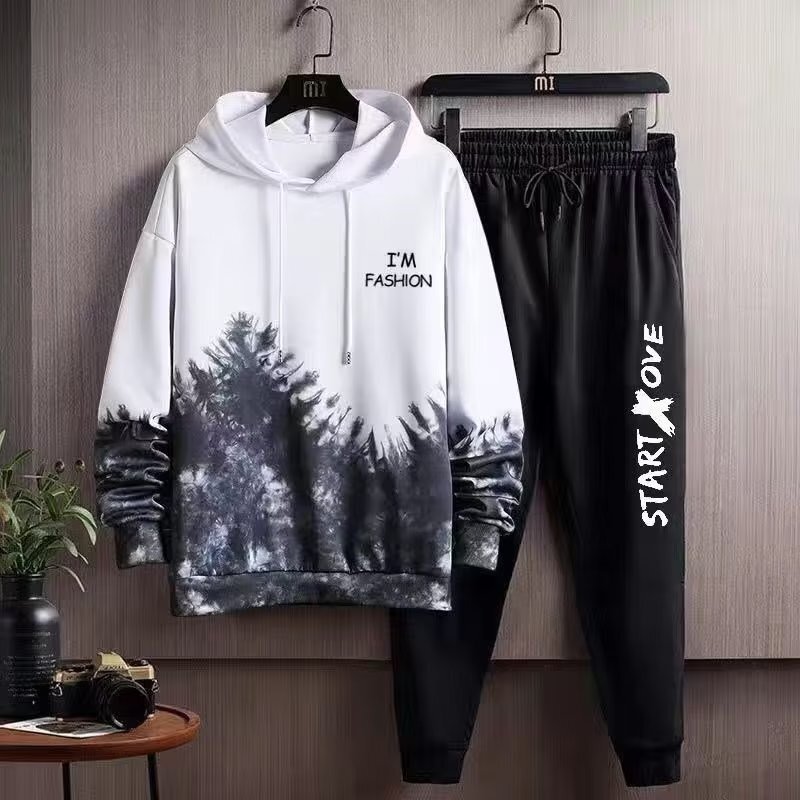 Hooded sweater suit men's autumn new fashion tie-dyed gradient color printing men's coat student long-sleeved top