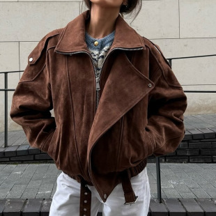 In Stock - European and American Cross-Border Hot-Selling Women's Suede Brown Short Loose Jacket Maillard Casual Jacket