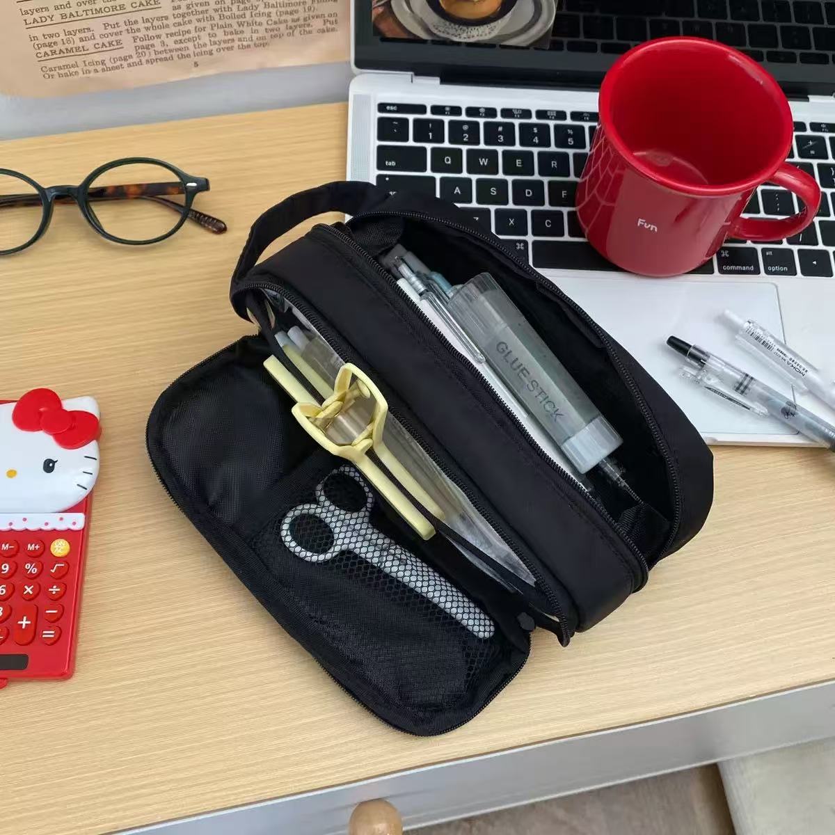 solid color nylon double-layer handheld capacious pencil case