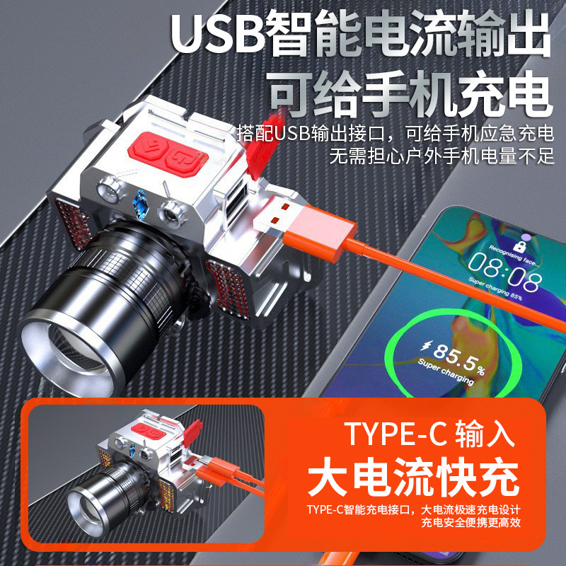 Lámpara de inducción láser blanca cargar la función del tesoro de lámpara lateral lámpara de trabajo portátil al aire libre lámpara de pesca de noche lámpara de cabeza linterna montada en la cabeza