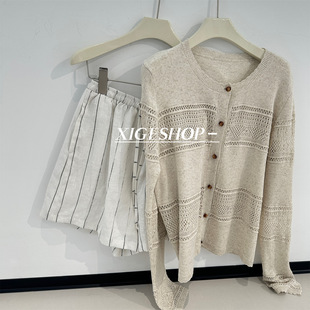 Early autumn silk linen hollow design sweater for women thin 2025 new loose temperament French cardigan jacket