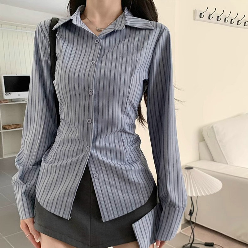 2024 New Blue Striped Long-sleeved Shirt Coat Women's Spring and Autumn Design Sense Niche Slim-fit Slimming Tight Waist Top