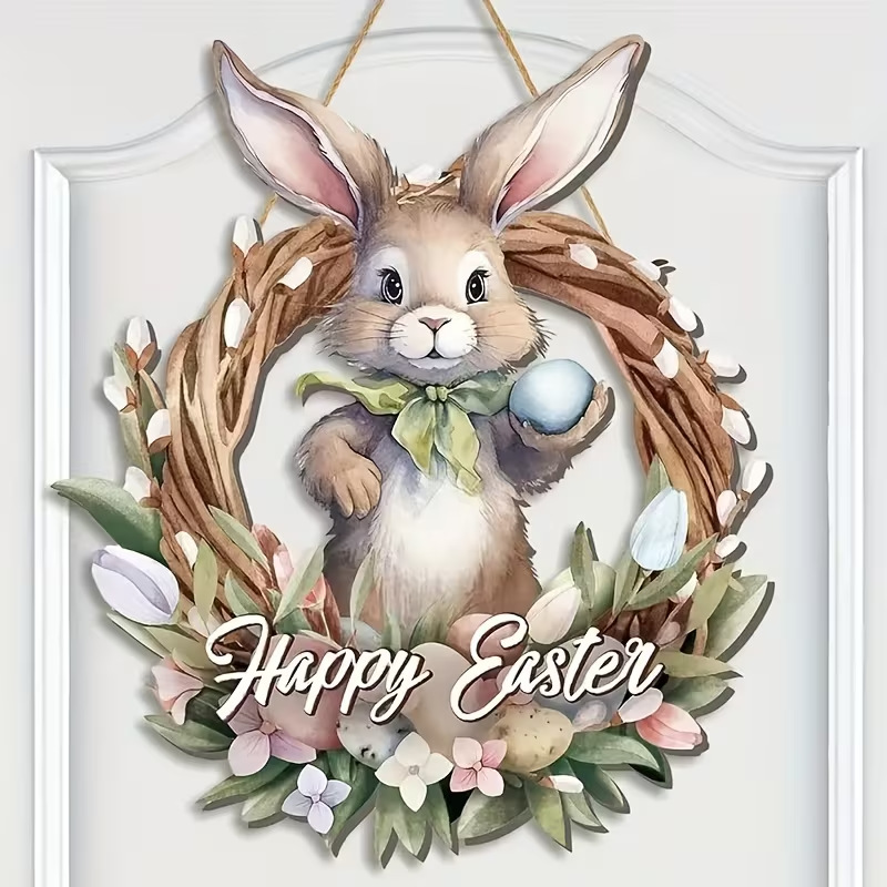 Colgante transfronterizo nuevos productos primavera flores conejo puerta lista fiesta en el hogar de Pascua puerta delantera bienvenida colgante de madera