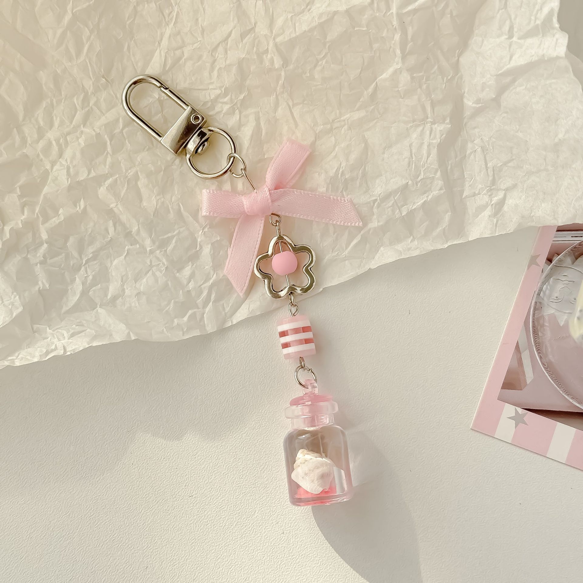 Nocturno conchas botella de deseo colgante para teléfonos móviles color rosa bolsas de arco lindas colgando libros de tarjetas colgantes llaves de cadena