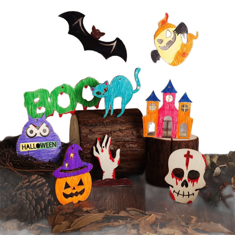 ハロウィンゴーストフェスティバルウッドチップ DIY パーティーフェスティバル装飾 DIY クリエイティブ落書き木製カボチャ魔女クラフトペンダント|undefined