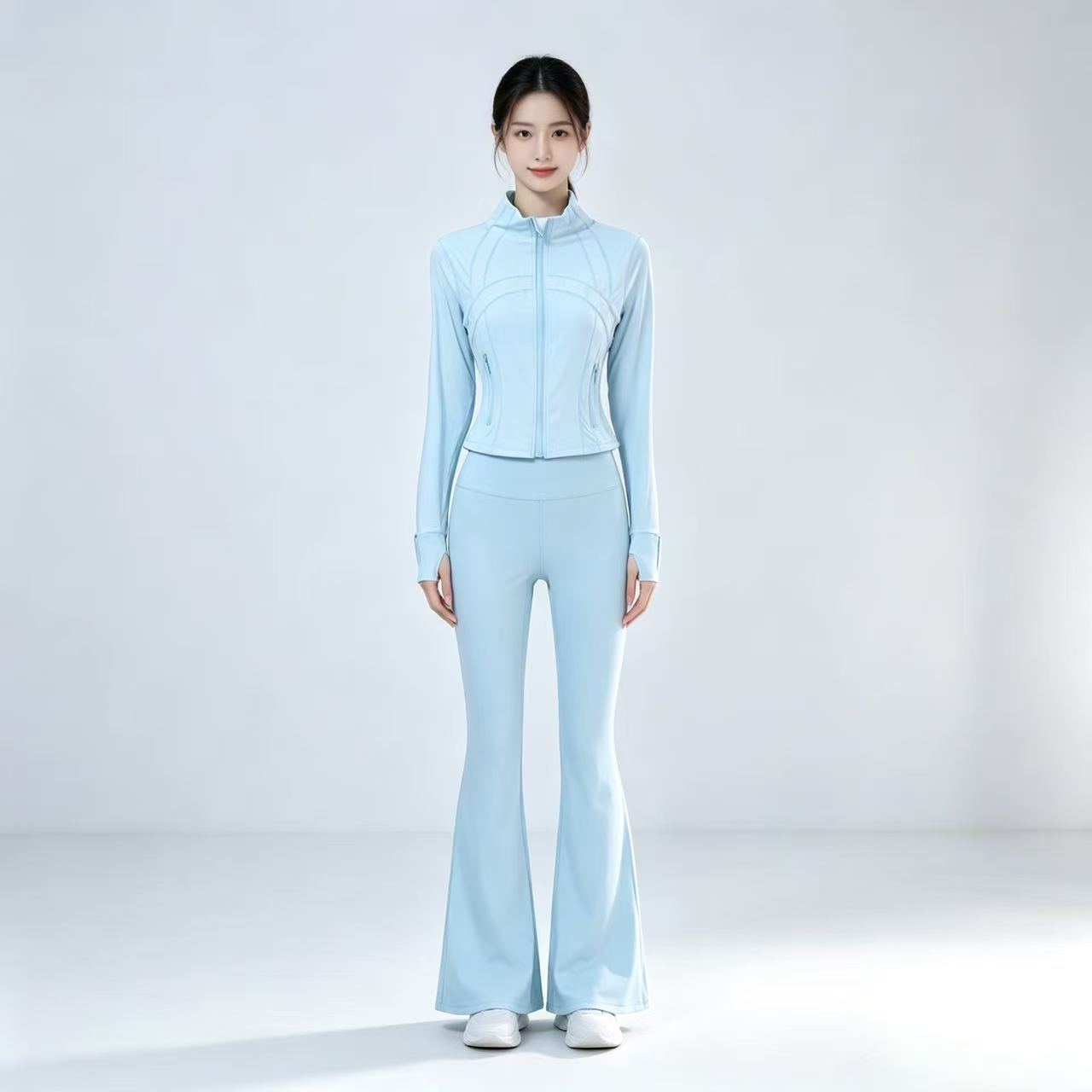 SLEEK CITY运动显瘦短款高弹瑜伽服休闲高腰女士喇叭裤套装
