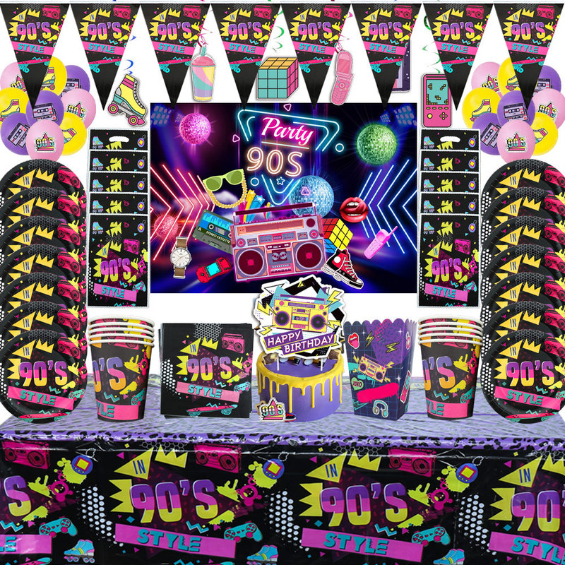 Spot 90s 90s theme tableware decoration flag paper cup paper plate birthday party set supplies