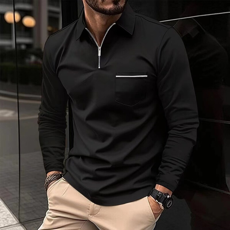 2023 European and American Cross-Border Spring and Autumn Amazon Long-Sleeve Polo Shirt with Zipper Pocket Men's Sports Top Thin Style