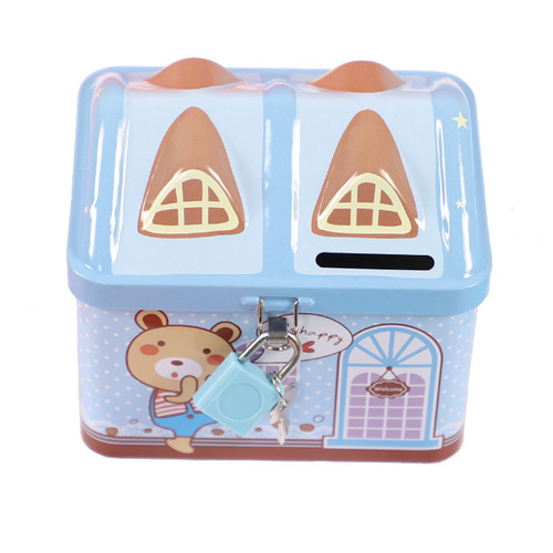 S23 Xiaolingjing tinplate piggy bank cartoon house metal storage coin storage jar for boys and girls with lock