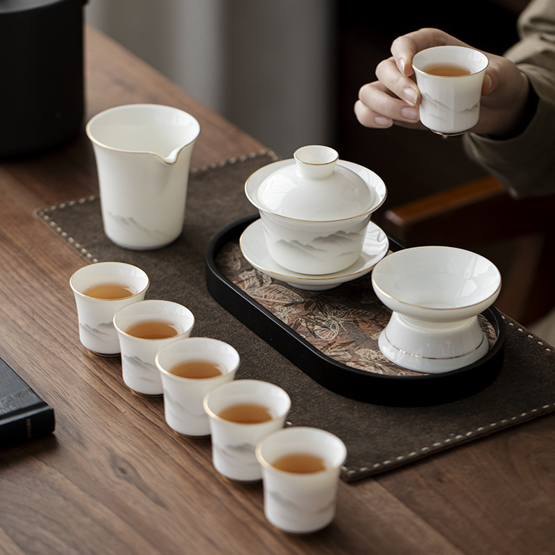 水墨画远山羊脂玉白瓷功夫茶具套装批发伴手礼品陶瓷茶具礼盒装|undefined