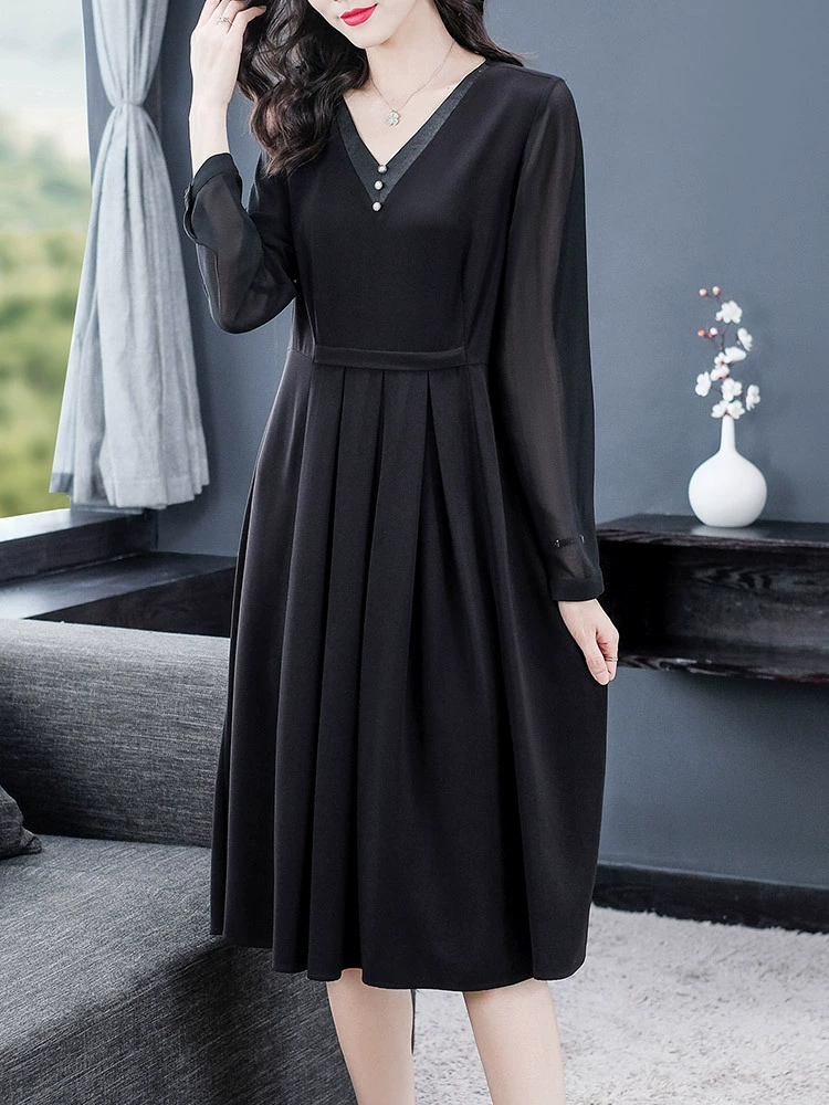 Женская одежда больших размеров для среднего и пожилого возраста, новое французское летнее шифоновое платье с высокой талией, простое Черное узкое Сетчатое шифоновое платье