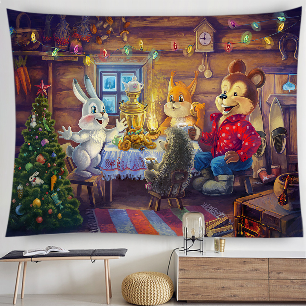 跨境定制圣诞挂毯 北欧卡通壁炉圣诞树床头卧室背景墙面装饰挂毯