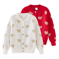New Spring and Autumn Children's Clothing Love Embroidered Medium and Small Children's Knit Sweater Open Jacket Thick Girls' Knit Sweater Trendy