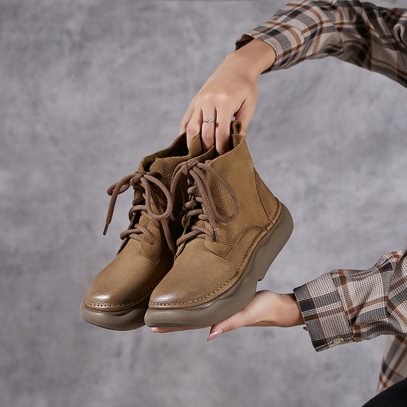 Platinum Disi Cross-border Autumn and Winter New Genuine Leather Thick Bottom Thin Belt Top Layer Cowhide Ethnic Style Short Boots Casual Martin Boots