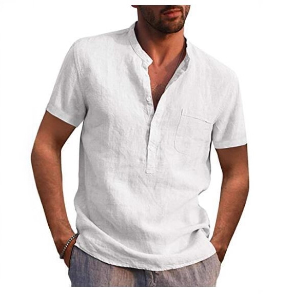 2022 AliExpress deseo Amazon Venta caliente de los hombres de manga corta con cuello en V casual ropa de playa camisa de lino de los hombres