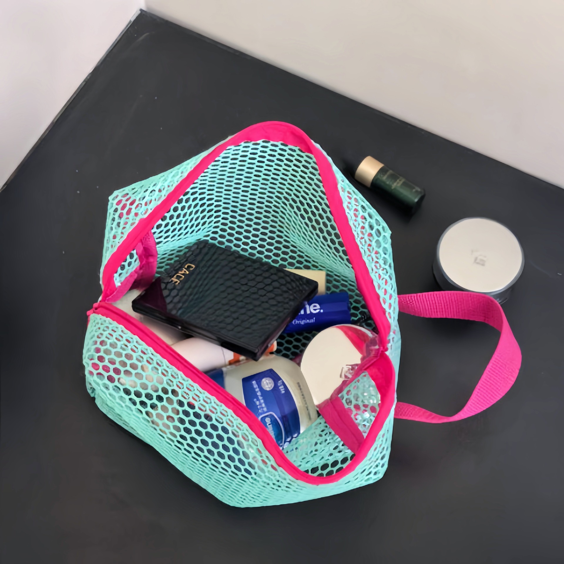 Bolsa de cosméticos de malla octogonal de dopamina transfronteriza, bolsa de almacenamiento portátil de gran capacidad para viajes, bolsa de almacenamiento de playa transparente