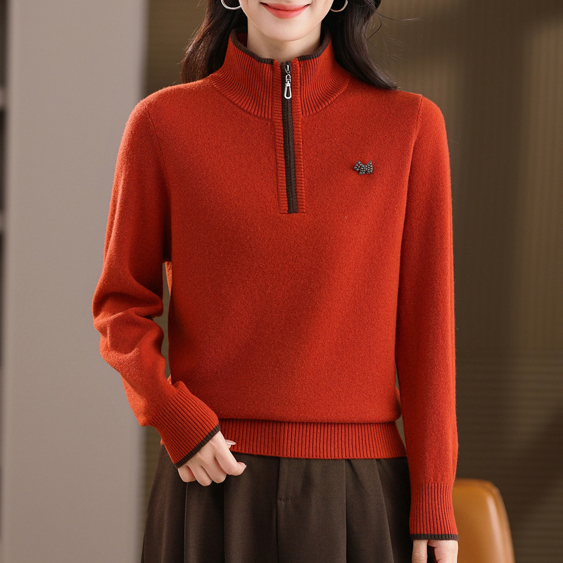 Winter Half-Zip Pure Wool Sweater for Women and Mothers 2025 New Style Lapel Knitted Top Foreign Style Bottoming Shirt Thick Sweater