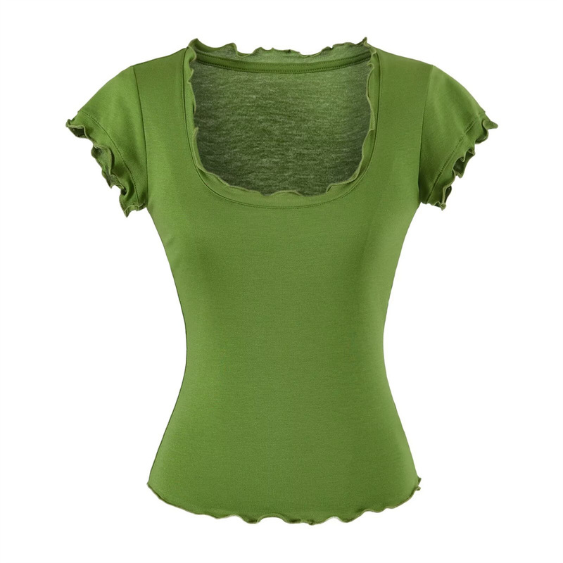 Purely desirable pink U-neck short-sleeve T-shirt with wavy lace for women, new summer style, slim-fit, flattering, short-length, elegant top Purely desirable pink U-neck short-sleeve T-shirt with wavy lace for women, new summer style, slim-fit, flattering, short-length, elegant top
