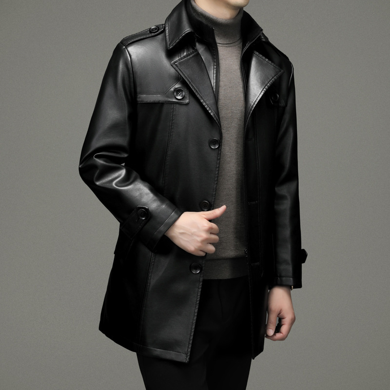2024 Winter Haining Genuine Leather Jacket Goatskin Men's Mid-Length Leather Windbreaker Lapel Fleece-Lined Thickeneded Leather Coat for Men 2024 Winter Haining Genuine Leather Jacket Goatskin Men's Mid-Length Leather Windbreaker Lapel Fleece-Lined Thickeneded Leather Coat for Men