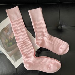 高羅口雙針寬條淡粉長襪日系純色女襪