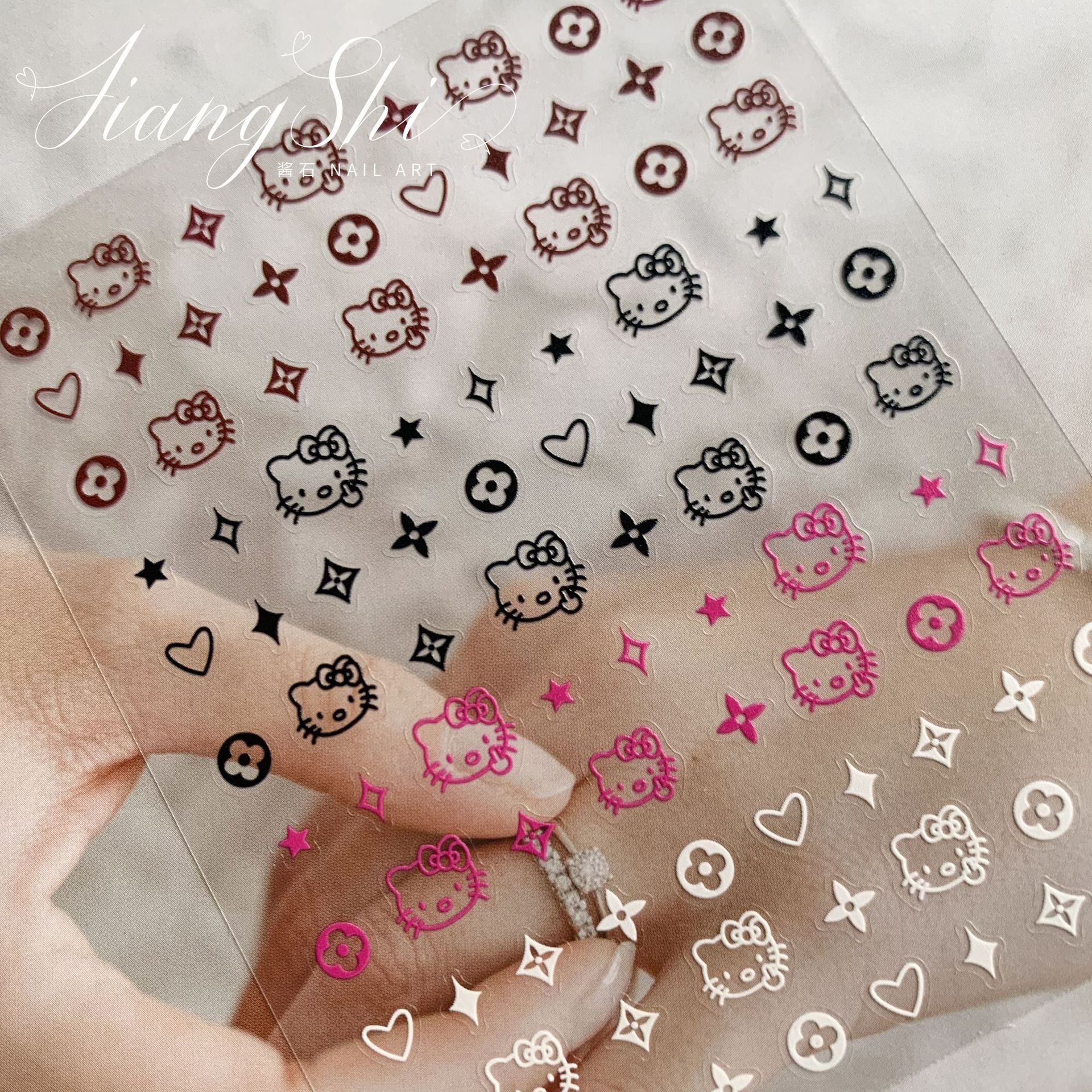 网红新款可爱少女彩色中指Hello Kitty贴纸多巴胺凯蒂猫美甲配饰-阿里巴巴