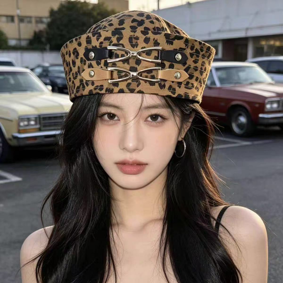 레오파드 프린트 버클 장식 세일러 모자