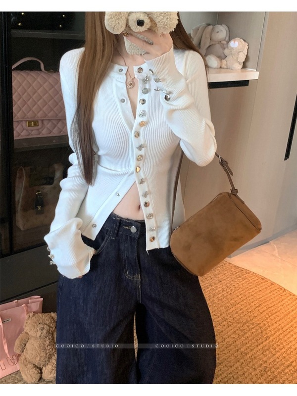 白色重工扣子圆领针织开衫女秋季修身长袖毛衣外套设计感气质上衣|undefined