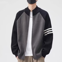 设计感拼接撞色开衫外套男秋季潮牌立领针织衫高街痞帅休闲毛衣潮