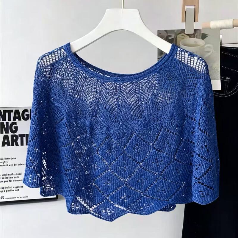 Korean-Style Lazy Style Wavy Edge Knitted Shawl, Thin Hollow-Out Round Neck Cover-Up, Summer Air-Conditioned Room Outerwear, Small Cardigan