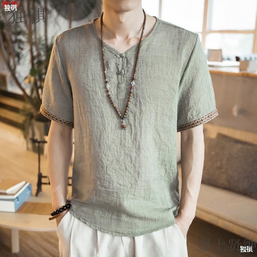 Slim Linen Cotton Mesh Men's Short Sleeve T-Shirt Summer Men's Trendy Personality Upper Clothes Short Axle Ture