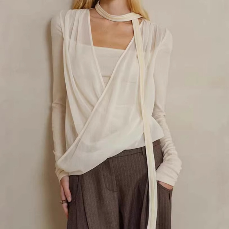 Layered Mesh Faux Two-Piece Velvet Halter Neck Wool Knit Top