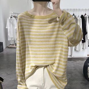 Thin Striped Sweater Women's 2023 Autumn New Breathable Blouse Simple Large Version Loose Long Sleeve Top T-shirt