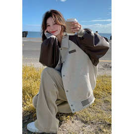 美式设计感PU皮拼接棒球服外套女2025春秋季新款宽