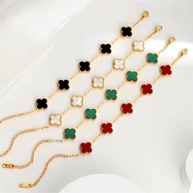 Cross-Border Hot-Selling Lucky Four-Leaf Clover Bracelet 18K Gold Double-Sided Ol Mother-Of-Pearl European and American Fashion New Style Versatile and Elegant