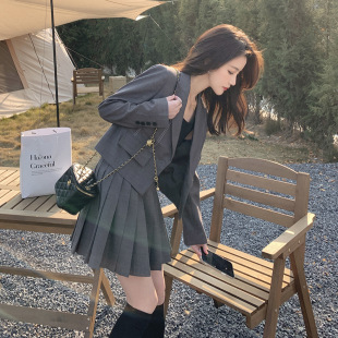 Gray Blazer Suit for Petite Women 2024 Spring and Autumn New Korean Style Student Short Pleated Skirt Two-Piece Set
