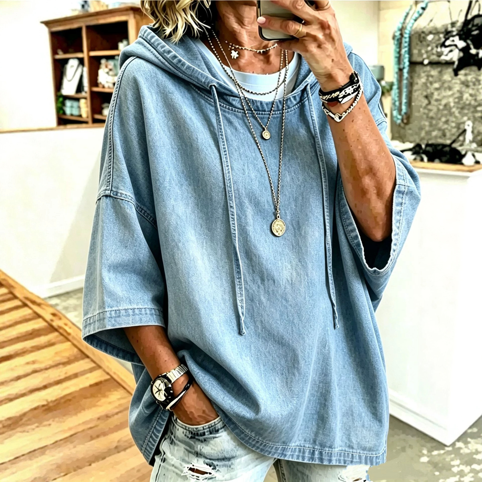 2026 Autumn Cross-Border Amazon AliExpress Temu Shein Loose-Fit Hooded Denim Jacket