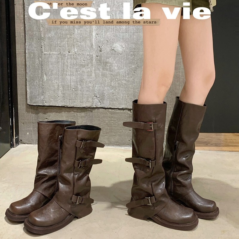现货~葡萄妈同款 增高6cm~时髦皮带扣方圆头褶皱中筒骑士靴女秋|undefined