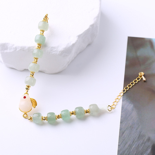 New Chinese Style Natural Green Dongling Jade Rabbit Bead Bracelet, National Style Minimalist Traditional Rabbit Bracelet for Animal Year