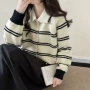 新款显瘦翻领条纹针织衫