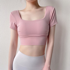 瑜伽服女夏季短袖性感鏤空美背健身服短款速幹上衣運動背心帶胸墊