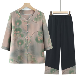 Summer Suit for Middle-Aged and Elderly Women, Grandma's Summer Ice Silk Shirt, Mother's New Chinese Style Tang Suit Two-Piece Set