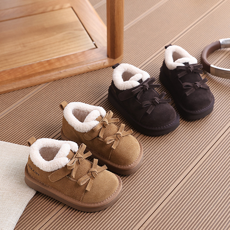 2025 Winter Korean Style Frosted Leather Girls' Bow Low-Top Warm Boots Princess Snow Boots Thickeneded Low Boots