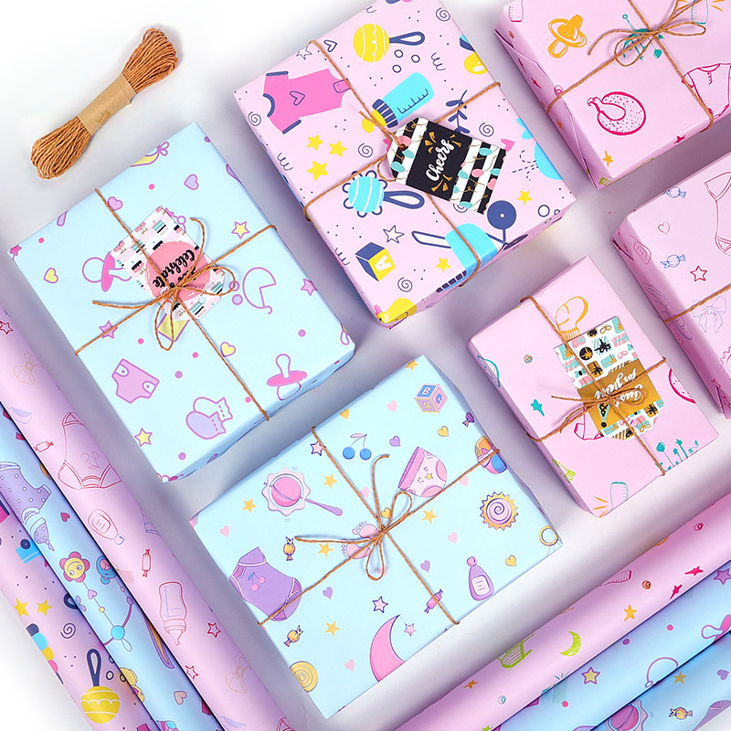 Amazon bebé serie de dibujos animados papel de regalo papel Kraft blanco DIY papel de regalo hecho a mano en stock al por mayor