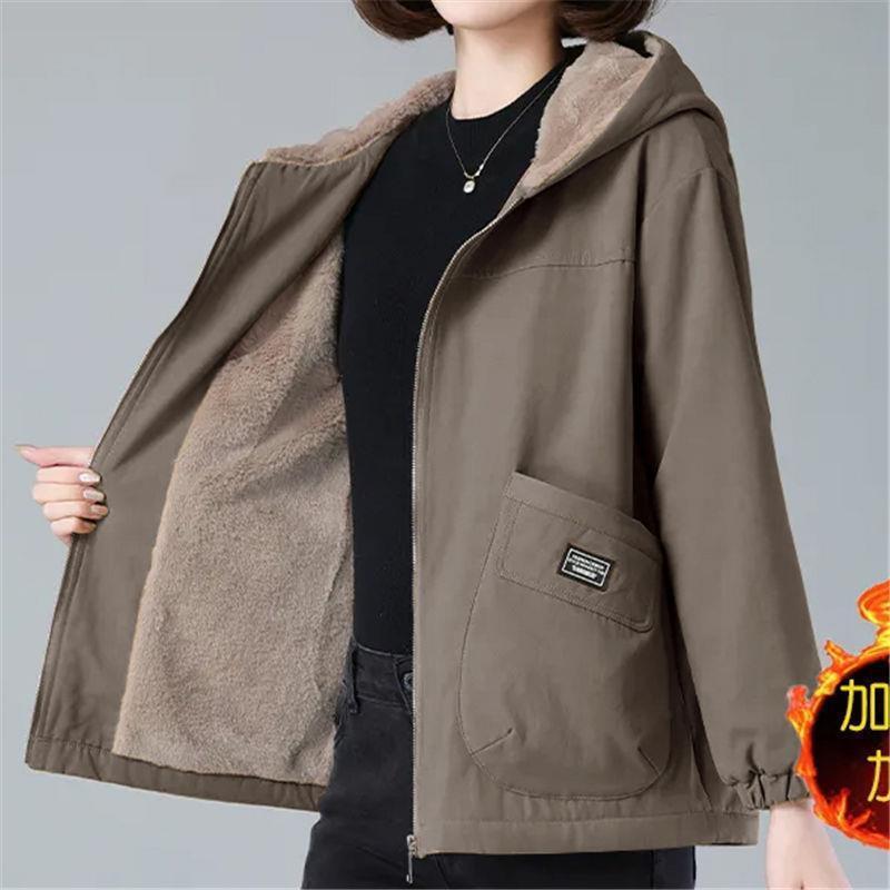 Fleece-Lined Thick Warm Coat for Women, New Korean Style for Autumn and Winter, Loose-Fitting Oversized Hooded Cotton Jacket for Middle-Aged Women