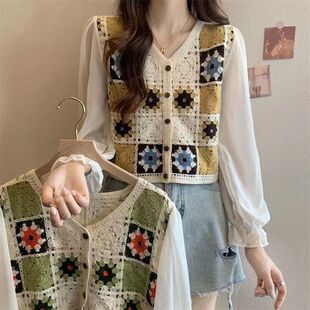 Hollow cardigan chiffon shirt Plaid floral vintage outer wear sweet fresh fashion nine-quarter sleeve puff sleeve